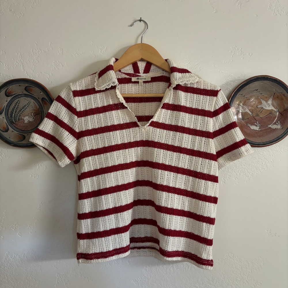 Modern Madewell Polo Shirt Womens XXS Red White Striped Lace Trim